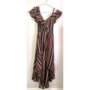 Mind Code,high low ruffle dress w/ double strap cold shoulders,brown/red/black S